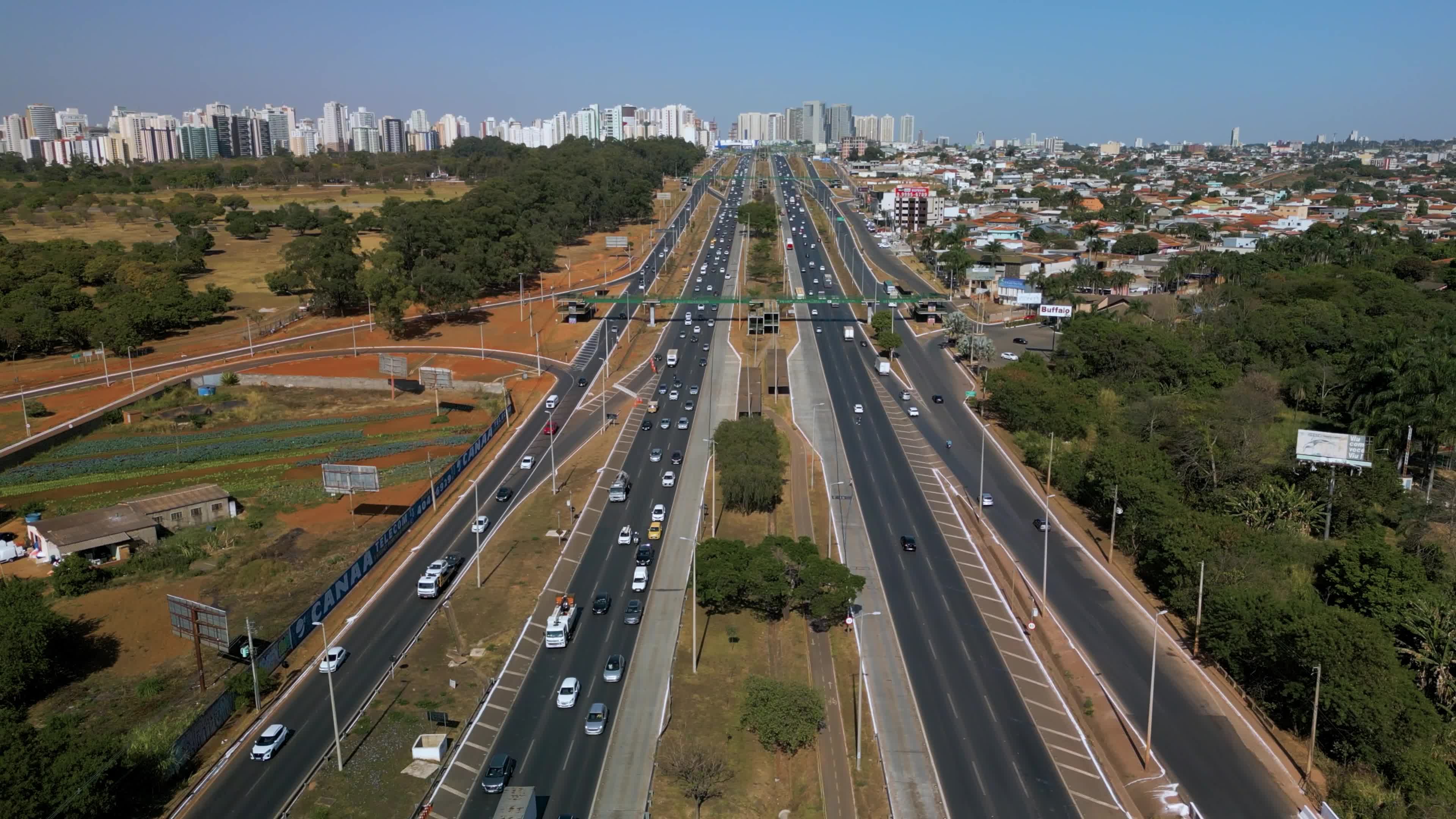 Avenida movimentada entre parque e cidade